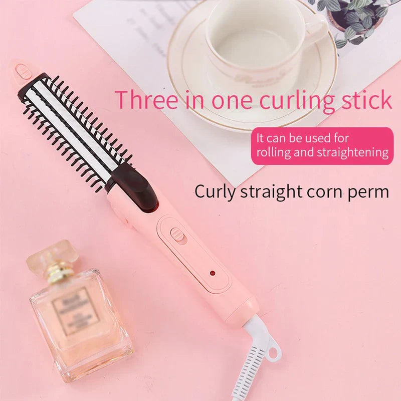 Hair Curler Straightener Wand Set - Pink styling tool laid flat with perfume and teacup on pink surface