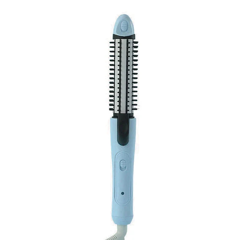 Hair Styling Tools - Light blue heated styling brush on a white background, with a power cord extending from its base