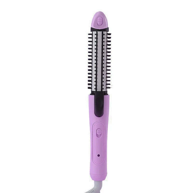 Herramientas de peinado para el cabello: herramienta eléctrica de peinado púrpura claro con dientes de peine negros, botón de control y cable de alimentación conectado
