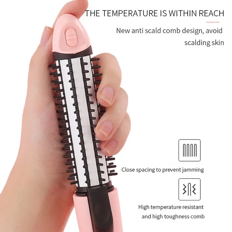 Hair Styling Tools - Hand gripping a pink heated styling brush, with English text labels about the brush comb design beside it