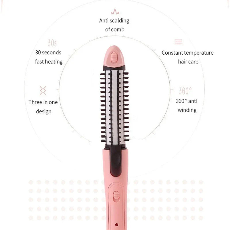 Hair Styling Tools - Pink 3-in-1 heated styling brush centered, with surrounding text labels highlighting product features
