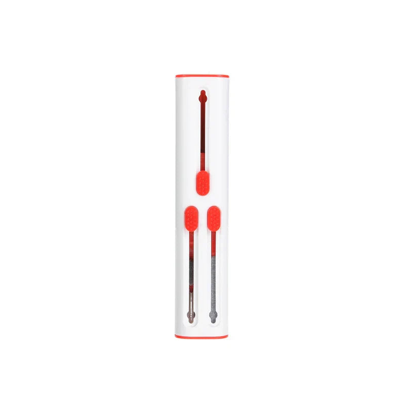 White and red handheld device with three sliding mechanisms, the keyboard cleaning brush is not fully visible.