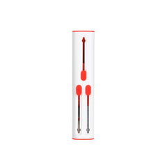 White and red handheld device with three sliding mechanisms, the keyboard cleaning brush is not fully visible.