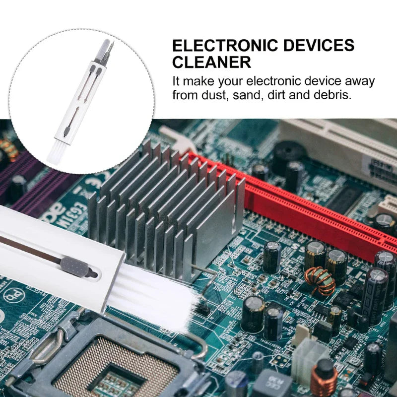 White brush tool cleans a computer motherboard's heatsink area, and a circular inset shows a multi-cleaner; the keyboard cleaning brush is visibly present as a cleaning brush for electronics.