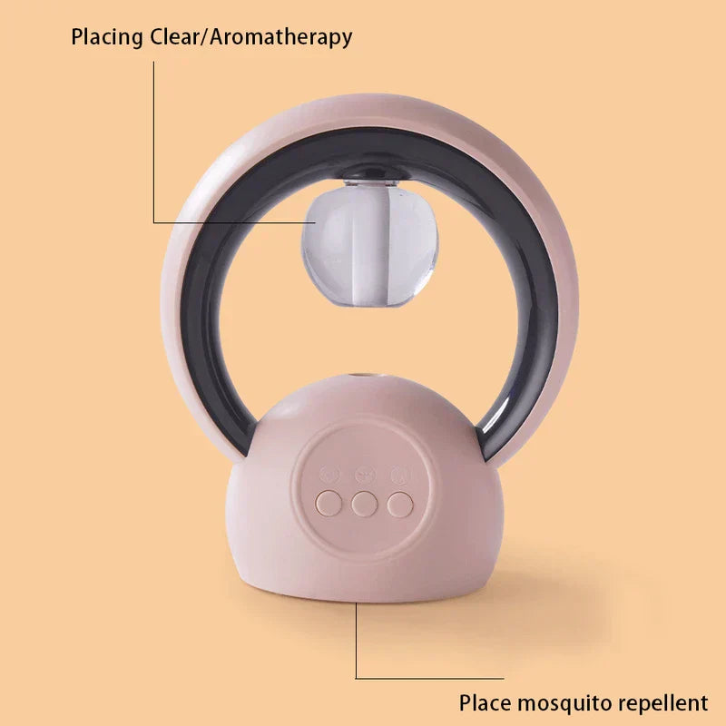 Mosquito Killer Humidifier Night Light - Pink ring-shaped desktop device, with labels pointing to the upper clear capsule for aromatherapy and base for mosquito repellent placement