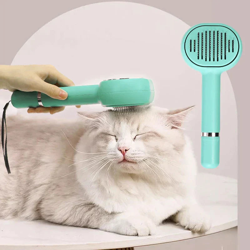 Pet Grooming Brush - Hand using mint grooming tool on a relaxed long-haired cat, product inset on right