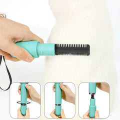 Pet Grooming Brush - Hand holding detachable comb attachment of mint grooming tool, disassembly step diagrams below