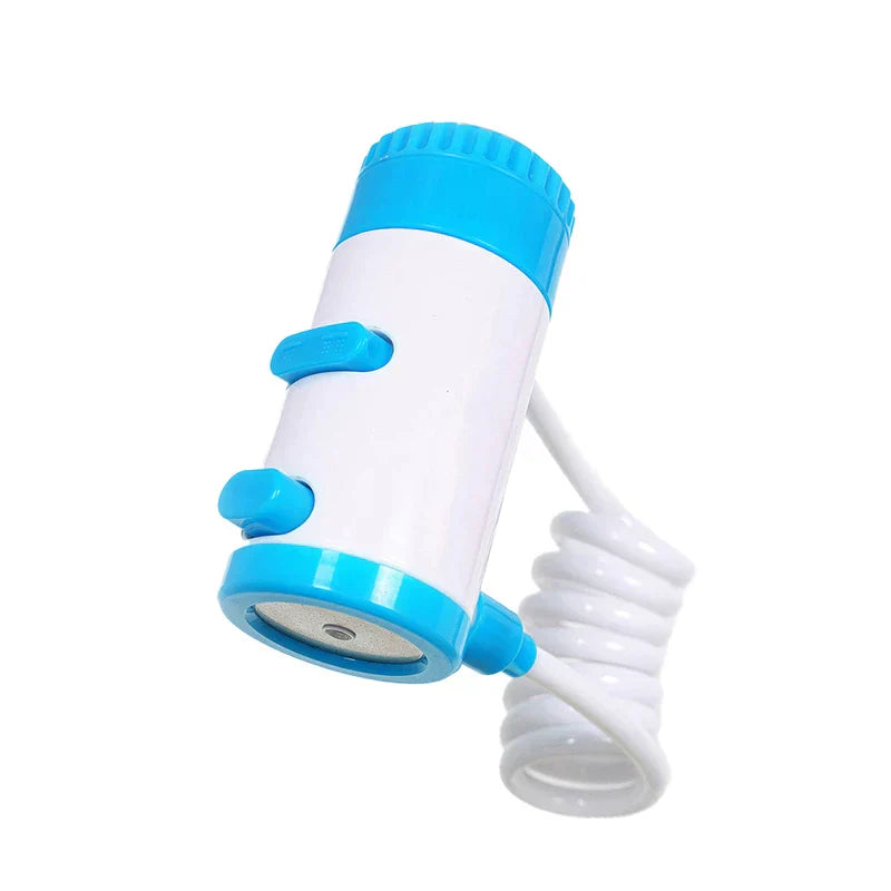 Swivel Faucet Extender - White and blue handheld spray head with coiled hose, front angle view