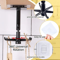 Adhesive Utensil Holder Hooks - Under-cabinet mounted rotating hook with feature callouts for material, rotation, and adhesive
