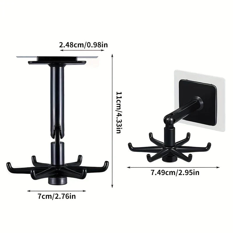 Adhesive Utensil Holder Hooks - Black adhesive 6-hook swivel hanger shown in two mounting positions, with dimension labels in cm and inches