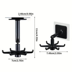 Adhesive Utensil Holder Hooks - Black adhesive 6-hook swivel hanger shown in two mounting positions, with dimension labels in cm and inches