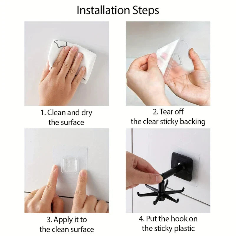 Adhesive Utensil Holder Hooks - Four-step installation guide for adhesive hook: clean surface, peel backing, apply pad, attach hook