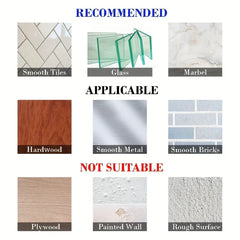 Adhesive Utensil Holder Hooks - Chart categorizing wall surfaces into Recommended, Applicable, and Not Suitable for adhesive hook