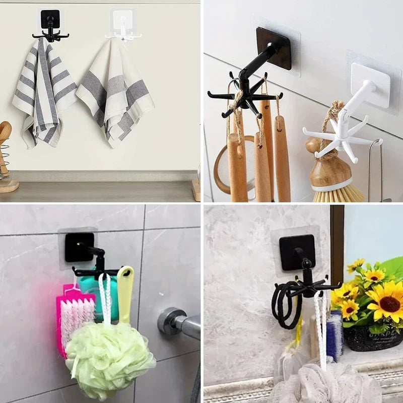 Adhesive Utensil Holder Hooks - Four-panel collage showing black and white rotating wall hooks holding kitchen towels, utensils, bath accessories in different spaces