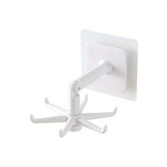 Adhesive Utensil Holder Hooks - White adhesive wall-mounted hook with a 6-prong rotating hook assembly and adjustable articulated arm, on a white background