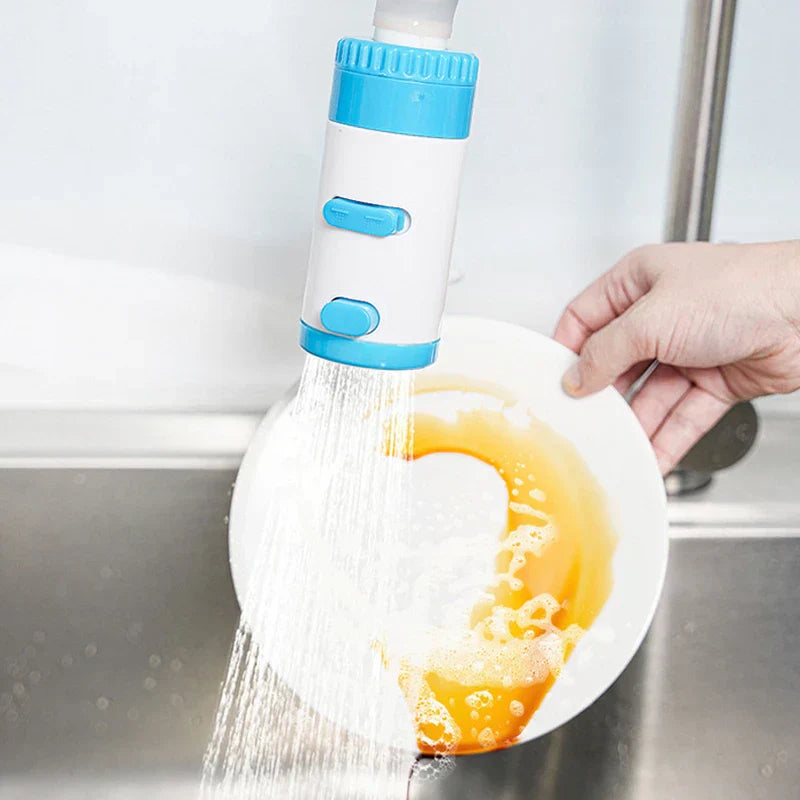 Swivel Faucet Extender - Sprayer in use rinsing a soiled plate over a stainless steel sink