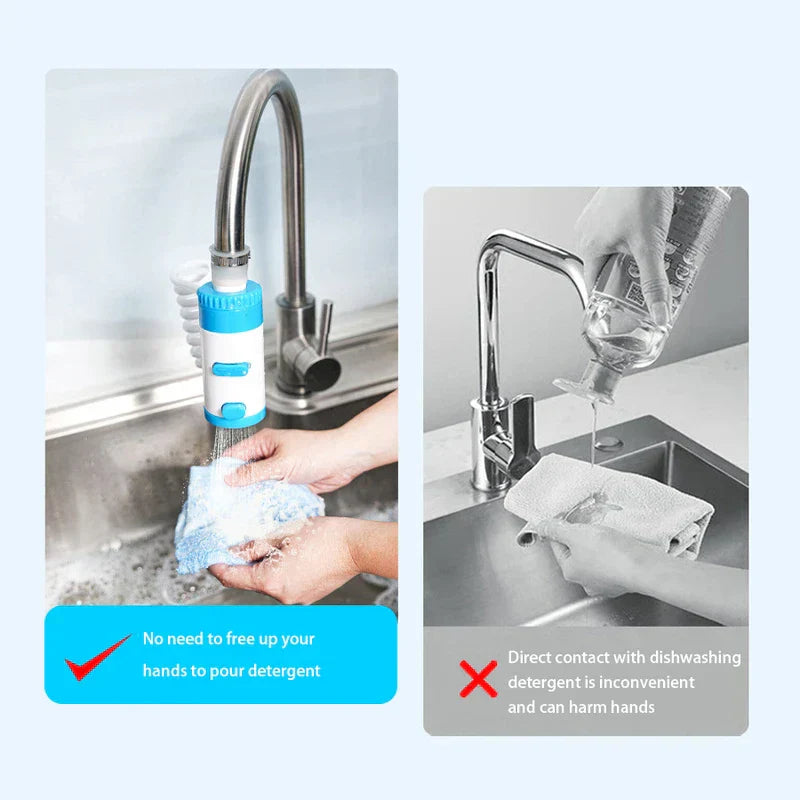 Swivel Faucet Extender - Side-by-side comparison: left shows a faucet-mounted device dispensing soapy water onto a cloth with a checkmark note, right shows hands pouring dish detergent onto a cloth with a cross mark note