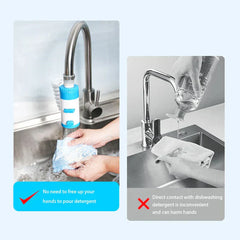 Swivel Faucet Extender - Side-by-side comparison: left shows a faucet-mounted device dispensing soapy water onto a cloth with a checkmark note, right shows hands pouring dish detergent onto a cloth with a cross mark note