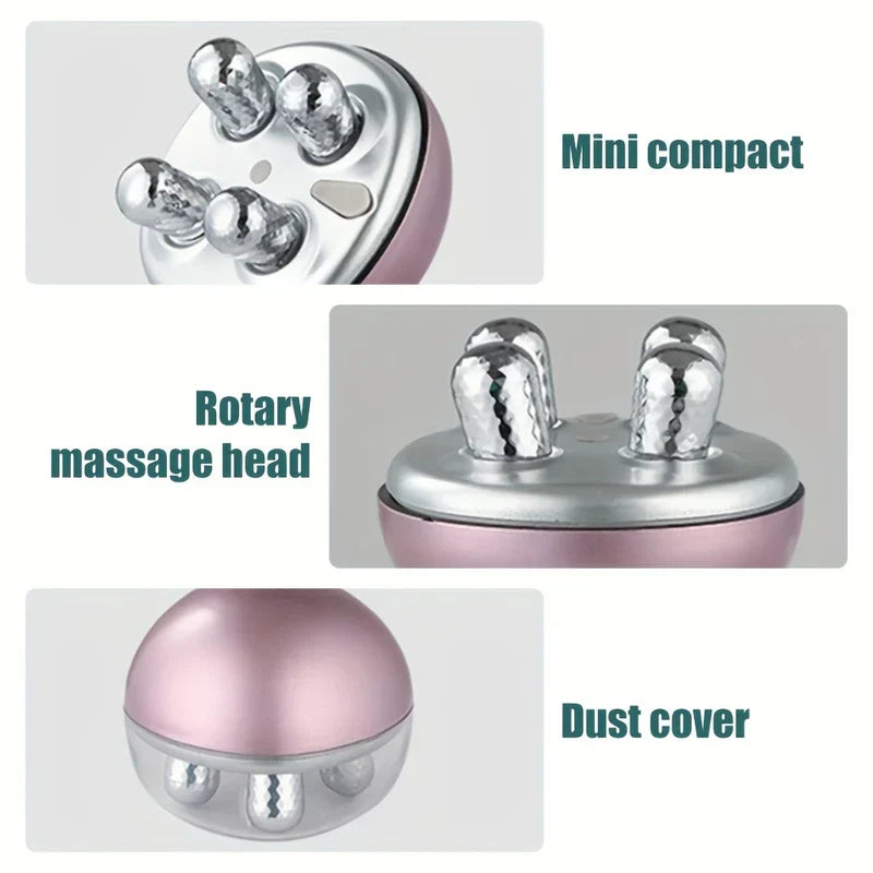 Collage showing mini compact size, rotary massage heads and dust cover of a pink 3d roller massager
