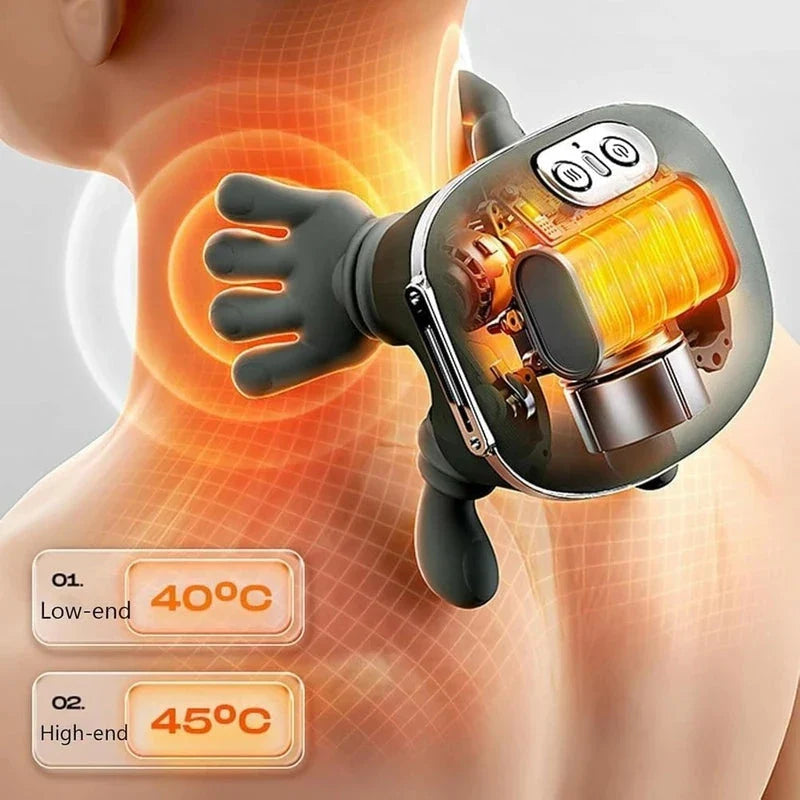 Massageur pour cou et épaules - Vue en coupe d'un masseur vert en forme de main sur le cou d'une personne, avec deux étiquettes de température : 40°C pour le bas et 45°C pour le haut.