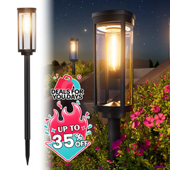 Solar Pathway Lights - Side-by-side view of unassembled bronze-top stake light and lit installed black light with promotional discount graphic