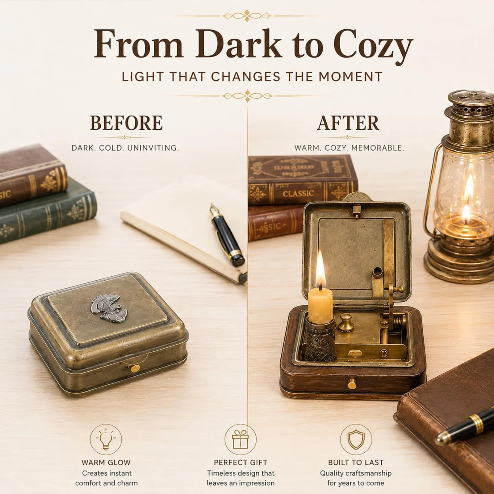 Candle Box - Front view of 19th century style mechanical holder with brass hardware and wooden body