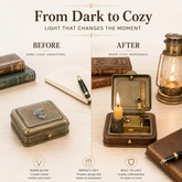 Candle Box - Front view of 19th century style mechanical holder with brass hardware and wooden body