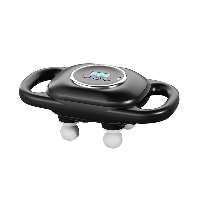 Electric Neck Shoulder Massager - Front angle view of black 4-head handheld massager with control panel and dual side handles