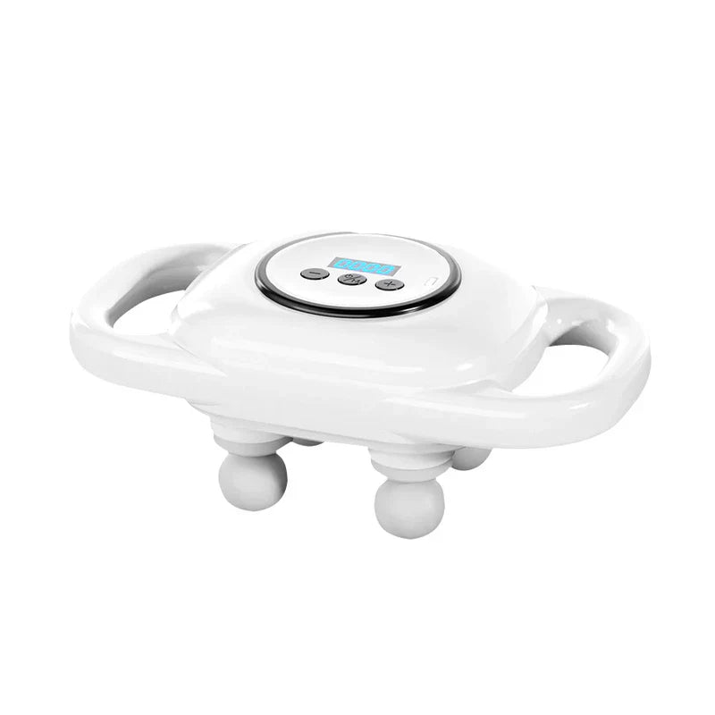Masajeador Eléctrico de Cuello y Hombros - Masajeador manual blanco de cuatro cabezales con pantalla digital superior, tres botones de control y asas laterales dobles sobre fondo blanco