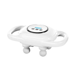 Masajeador Eléctrico de Cuello y Hombros - Masajeador manual blanco de cuatro cabezales con pantalla digital superior, tres botones de control y asas laterales dobles sobre fondo blanco