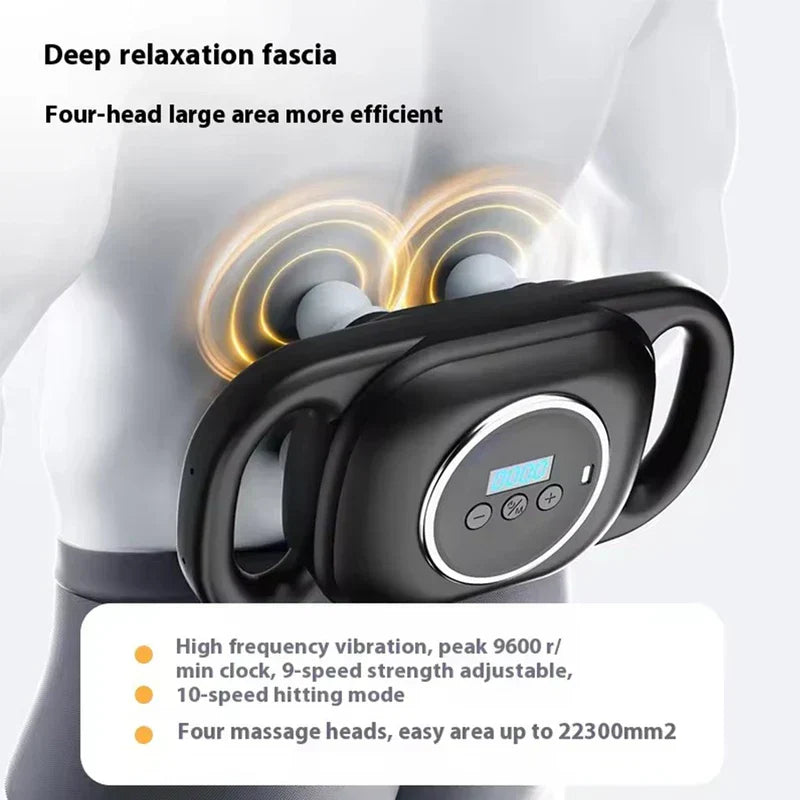 Electric Neck Shoulder Massager - 4-head massager applied to lower back with vibration effect illustration and feature callouts