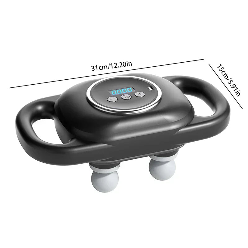 Electric Neck Shoulder Massager - Black dual-handle massage device with digital display and two massage heads, marked with 31cm and 15cm dimension lines on a white background