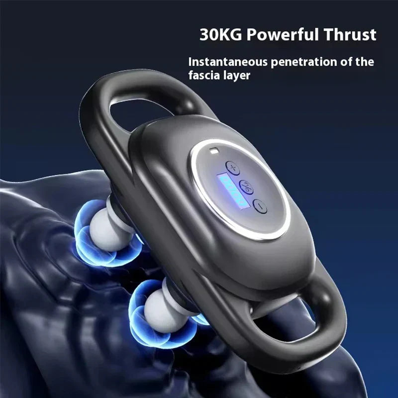 Electric Neck Shoulder Massager - Black handheld massage device pressing against a dark muscle model, with blue glow effects around its massage heads and text stating 30KG Powerful Thrust
