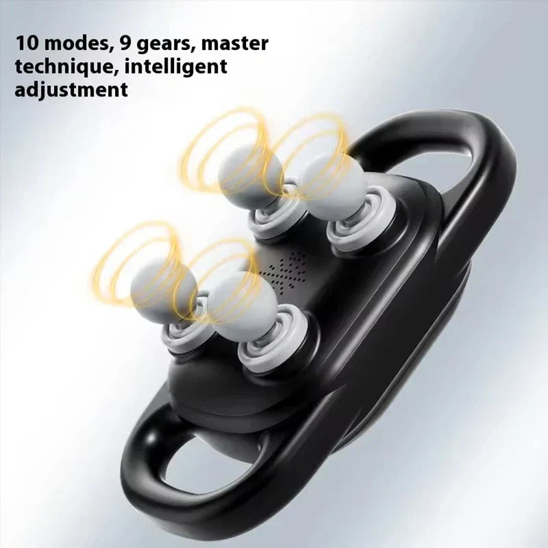 Electric Neck Shoulder Massager - Bottom view of a four-headed massage device with yellow vibration rings around each massage head and text reading 10 modes, 9 gears, master technique, intelligent adjustment