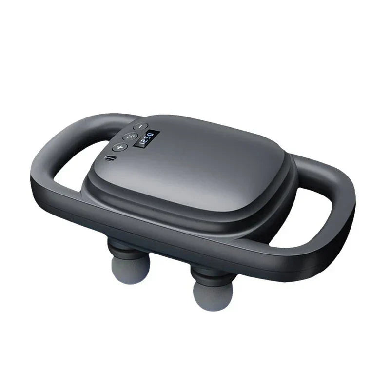 Mini Percussion Massage Gun - dark gray handheld device with dual handles and digital display on white background