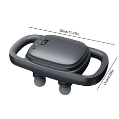 Mini Percussion Massage Gun - Dark gray handheld massager with dual handles, dual massage heads, control buttons, and a small digital display, with length and width dimensions labeled.