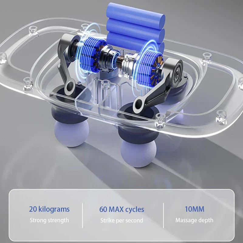 Mini Percussion Massage Gun - Transparent cutaway of a dual-motor massage device with three listed specs: 20kg strength, 60 strikes per second, 10mm massage depth.