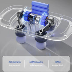 Mini Percussion Massage Gun - Transparent cutaway of a dual-motor massage device with three listed specs: 20kg strength, 60 strikes per second, 10mm massage depth.