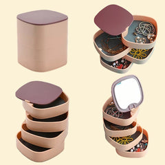 ketten organizer - Schmuckorganizer-Box - Vier Ansichten einer rosa 4-stöckigen Dreh-Schmuckbox, geschlossen, geöffnet mit Schmuck im Inneren und verspiegeltem Deckel