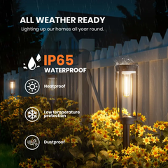 Rainy garden view of IP65 rated solar pathway lights showing all-weather ready features with icons