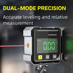 4-side Magnetic Digital Angle Gauge With Laser - Digital inclinometer mounted on a small tripod, emitting a red laser, with 0.00 degree level reading on its screen