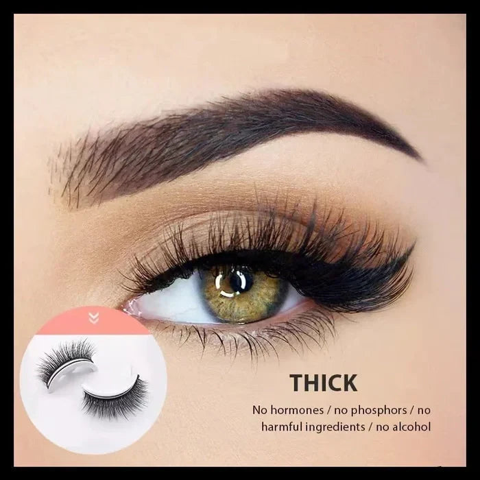 Thick style reusable lashes, with a close-up eye view and a small inset of the lash product.