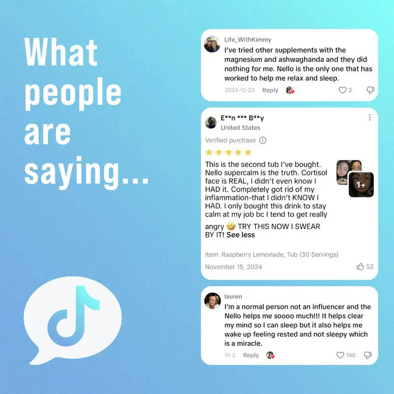 Three user reviews on a light blue background with a TikTok-style speech bubble, no product visible