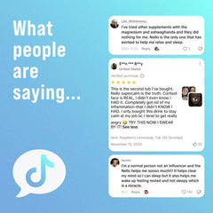 Three user reviews on a light blue background with a TikTok-style speech bubble, no product visible