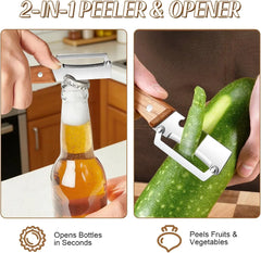 Stainless Steel Vegetable Peeler - Split view of beer bottle opening and cucumber peeling, demonstrating 2-in-1 peeler and opener functionality