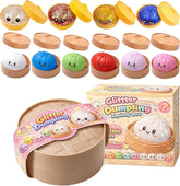 Glitter Dumpling Squishy Box with 10 collectible colors, cute kawaii dumpling toys in steamer baskets