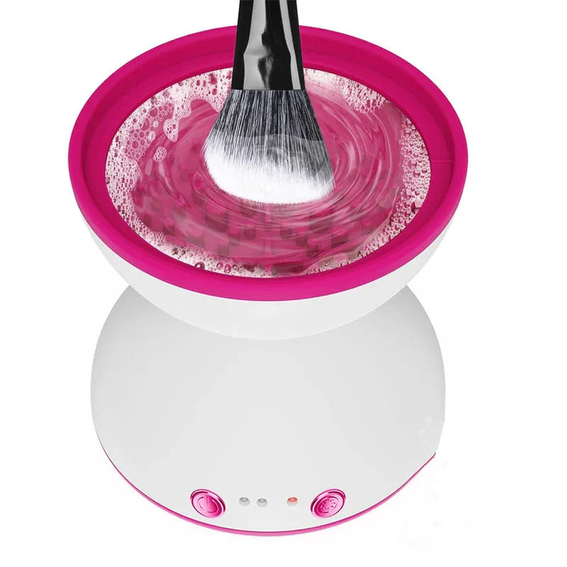 Makeup Brush Cleaner Spinner - White and pink device with brush spinning in soapy cleaning solution
