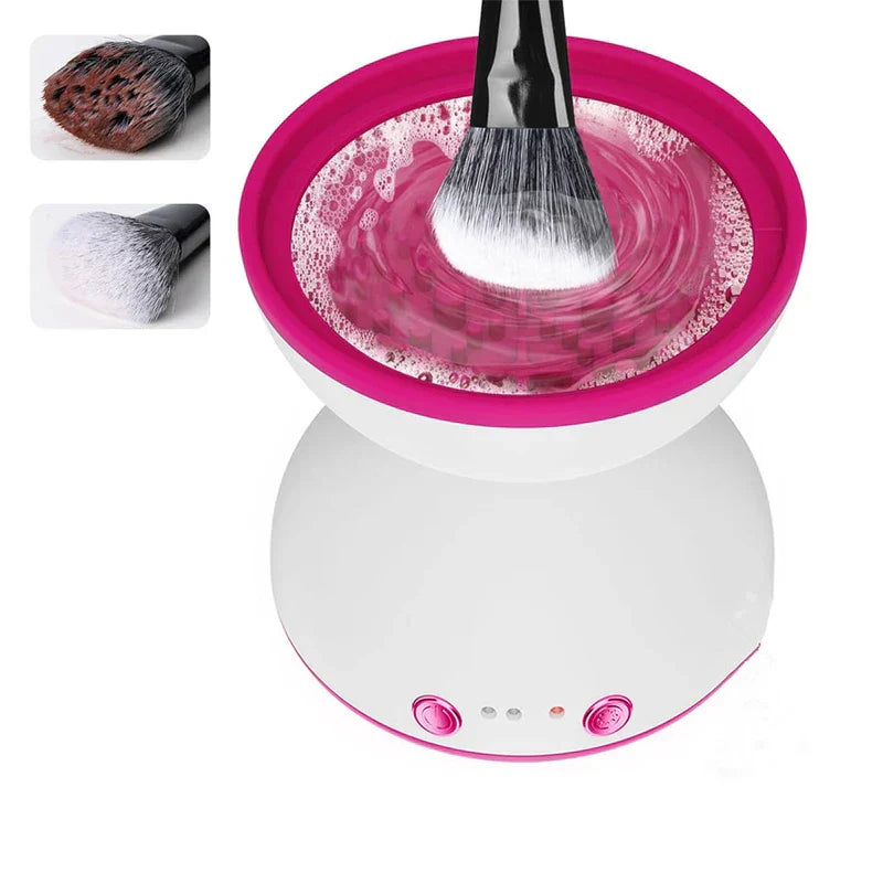 Makeup Brush Cleaner Spinner - Device with brush in cleaning solution, before-and-after dirty and clean brush insets