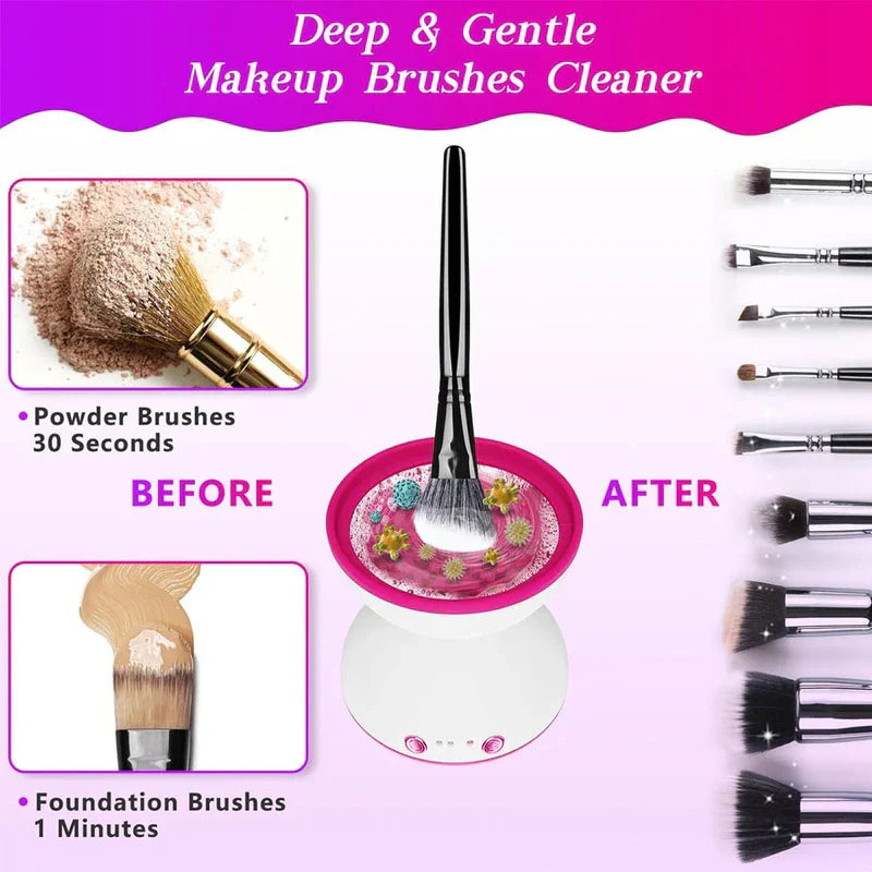 Makeup Brush Cleaner Spinner - Electric makeup brush cleaner between 'before' dirty makeup brush panels and 'after' clean makeup brush illustrations on pink background