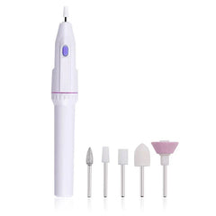 Electric Nail File Manicure Kit - White pen-style nail drill with 5 interchangeable attachment heads laid out on white background